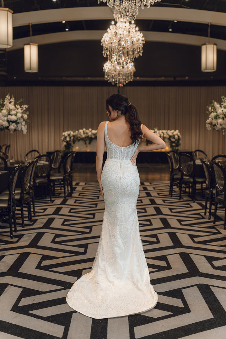 ELAINE-Fit and Flare Wedding Dress full back look 