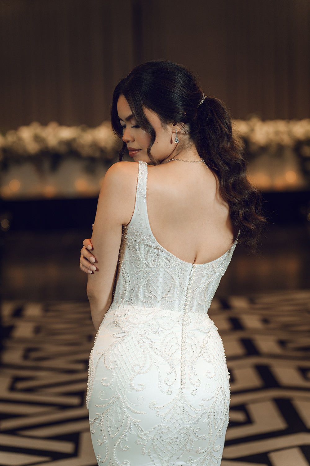 ELAINE-Fit and Flare Wedding Dress half back look 