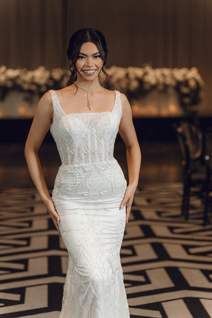 ELAINE-Fit and Flare Wedding Dress front half look 