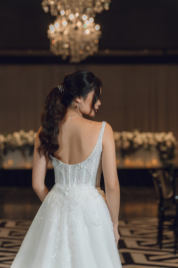 ELAINE-Fit and Flare Wedding Dress half back look 