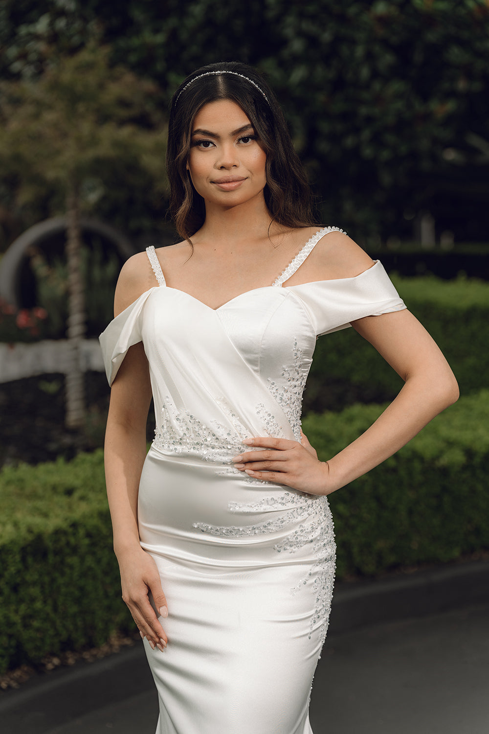 Moon-Fit and Flare Style Wedding Dress half front look 